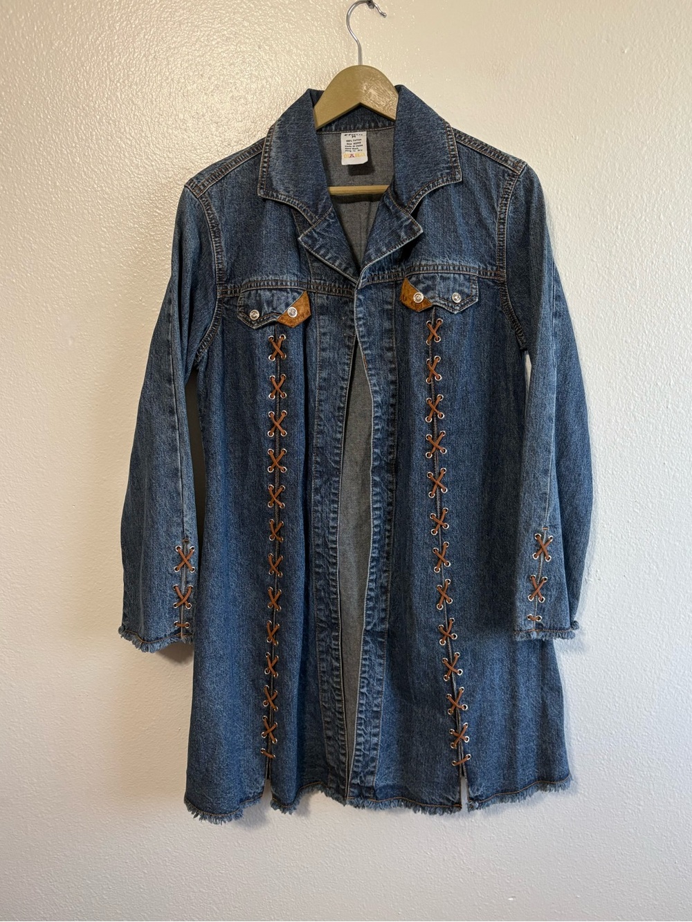 Vintage Y2K Ethyl Size Medium Denim Leather Lace Up Open Front Jacket Western